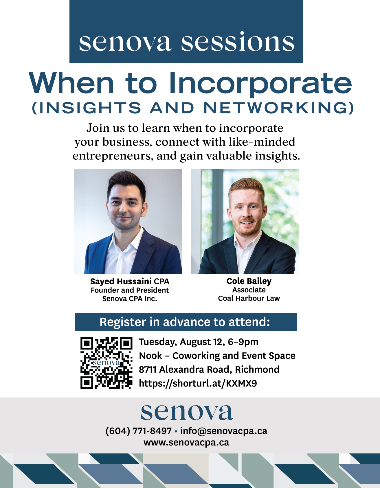 Senova Sessions: When to Incorporate event poster